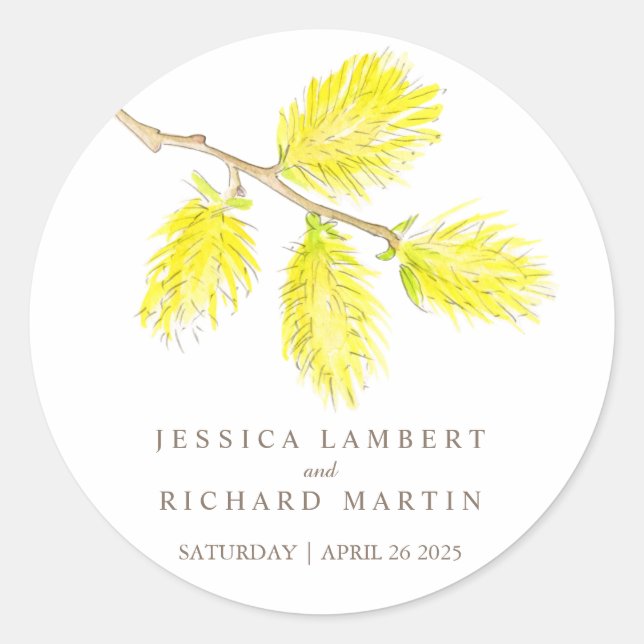 Yellow catkins spring flower wedding sticker (Front)