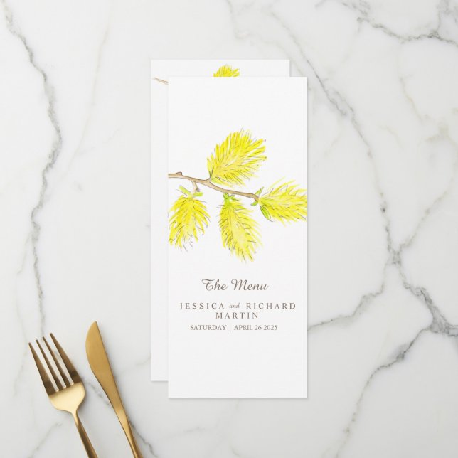 Yellow catkins watercolor wedding menu (Front/Back In Situ)
