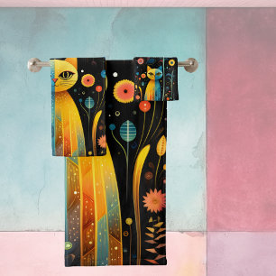 Yellow cats bath towel set