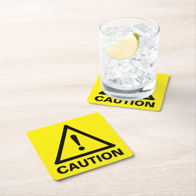 Yellow caution sign warning symbol funny custom square paper coaster (Insitu)