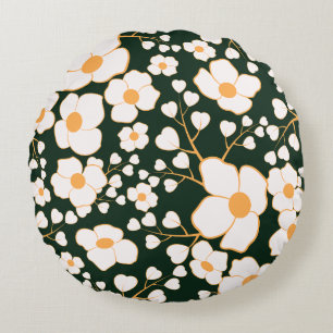 Yellow Centred White Flowers & Green Background Round Pillow