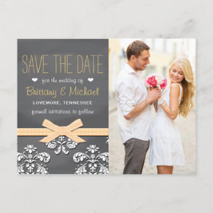 Yellow Chalkboard Lace Bow Save the Date Postcard