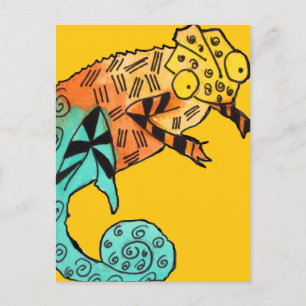 Yellow chameleon reptile art doodle illustration postcard