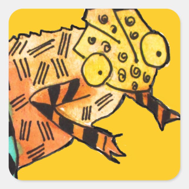 Yellow chameleon reptile art doodle illustration square sticker (Front)