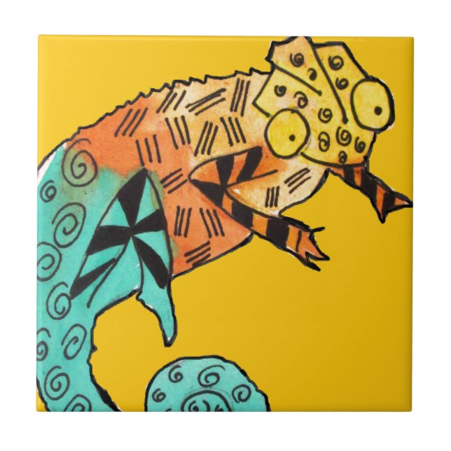 Yellow chameleon reptile art doodle illustration tile (Front)