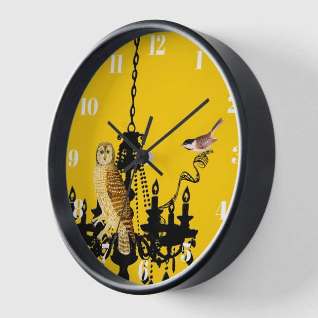 Yellow Chandelier Chickadee Owl Clock Personalized (Angle)