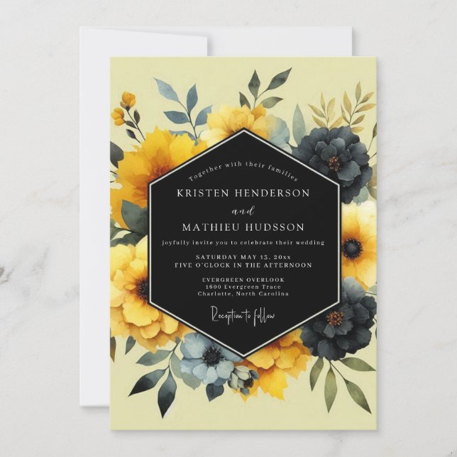 Yellow Charcoal Artistic Bloom Wedding Invitation (Front)
