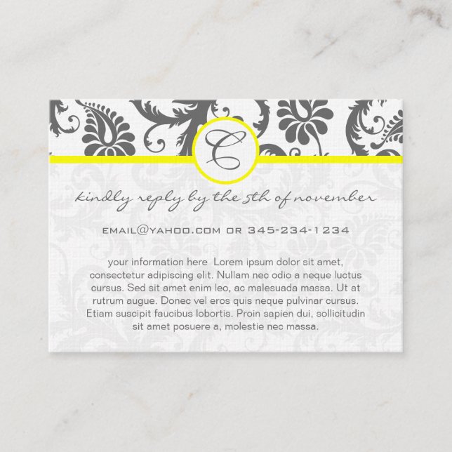 Yellow & Charcoal Grey Damask Wedding Info Cards (Front)