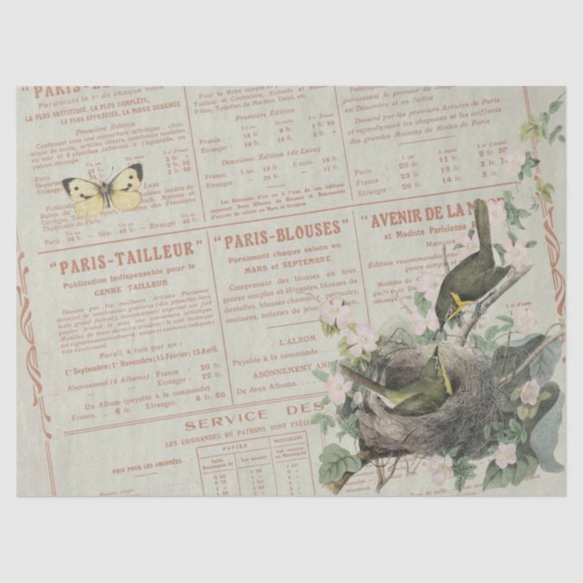 Yellow Chat Bird Nest Butterfly French Decoupage Tissue Paper (Front)