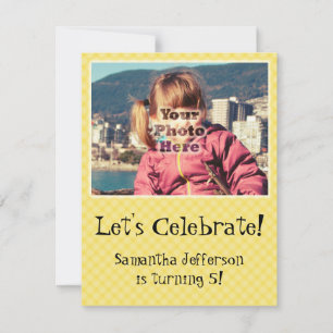 Yellow Check Cute Photo Birthday Party Invitations