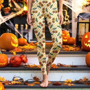 Yellow Checkerboard Cherry Pumpkins Pattern Leggings