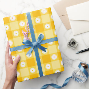 Yellow Checkered Floral Wrapping Paper