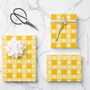 Yellow Checkered Floral Wrapping Paper Sheet