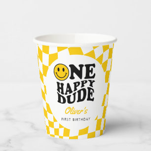 Yellow Checkered Smile One Happy Dude 1st Birthday Paper Cups