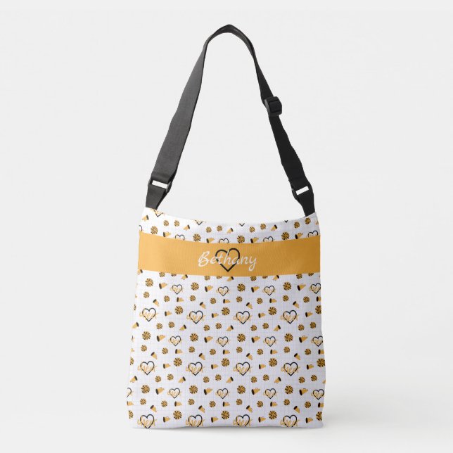 Yellow Cheer Hearts, Pom Poms, Megaphone Pattern Crossbody Bag (Front)