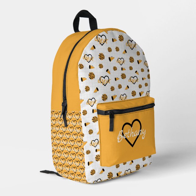 Yellow Cheer Hearts, Pom Poms, Megaphone Pattern Printed Backpack (Back Corner Left)