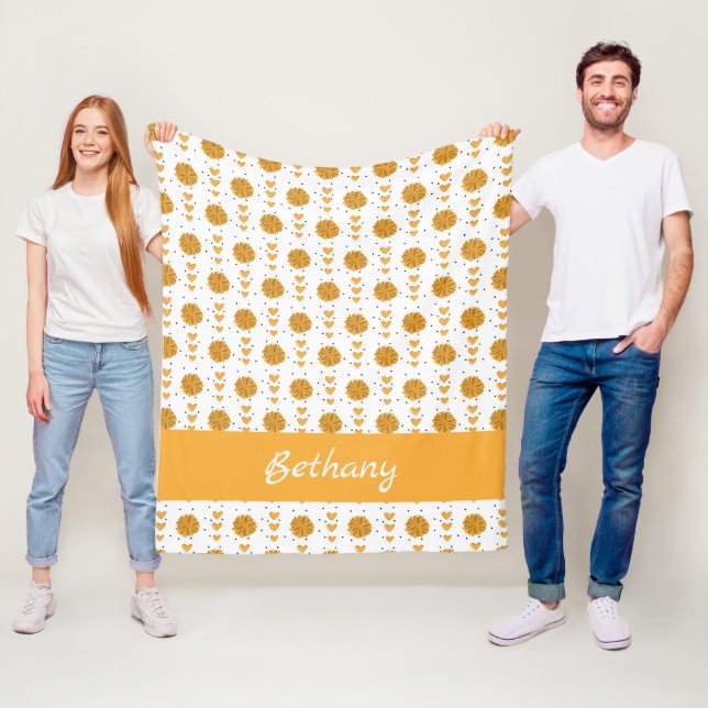 Yellow Cheerleader Pom Poms & Hearts Pattern Fleece Blanket (In Situ)