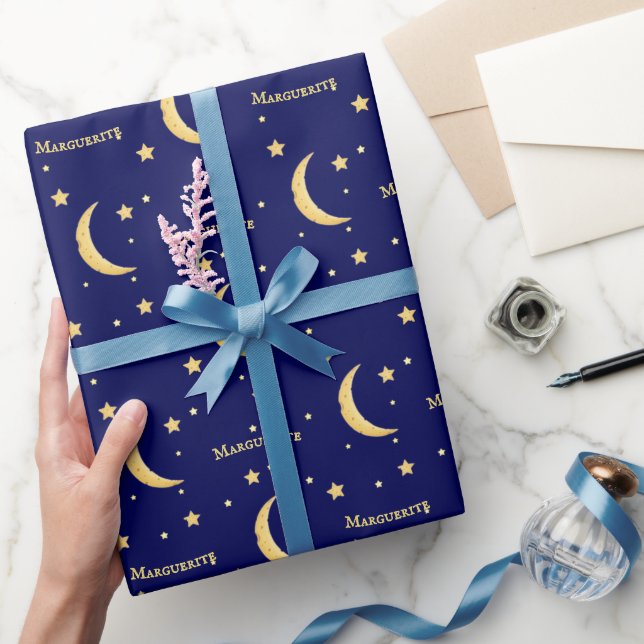 Yellow Cheese Moon & Stars Personalized Celestial Wrapping Paper (Gifting)