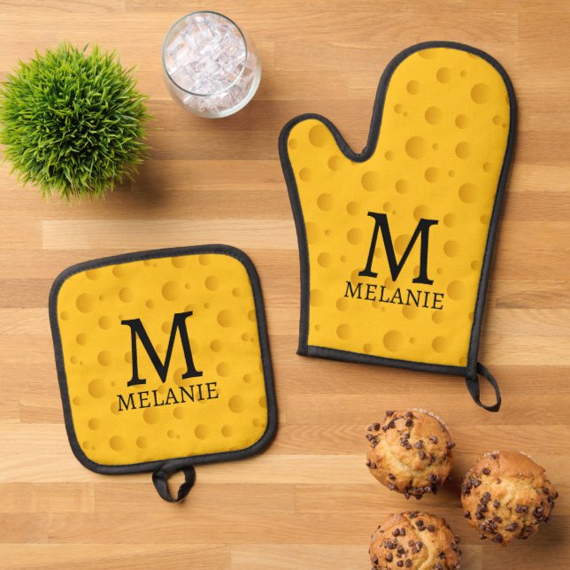 Yellow cheese slice print custom monogram oven mitt & pot holder set (Top Down)