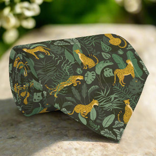 Yellow Cheetahs Wild Jungle Tropical Green Plants Tie
