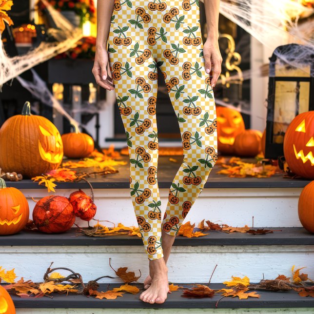 Yellow Chequerboard Cherry Pumpkins Pattern Leggings (Creator Uploaded)