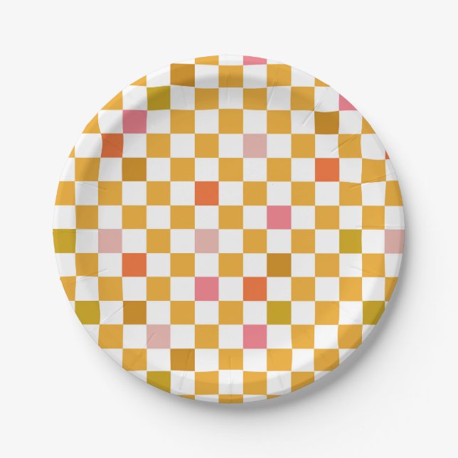 Yellow Chequerboard Pattern Birthday Paper Plate (Front)