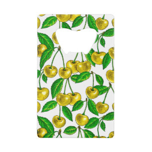 Yellow cherries on white credit card bottle opener