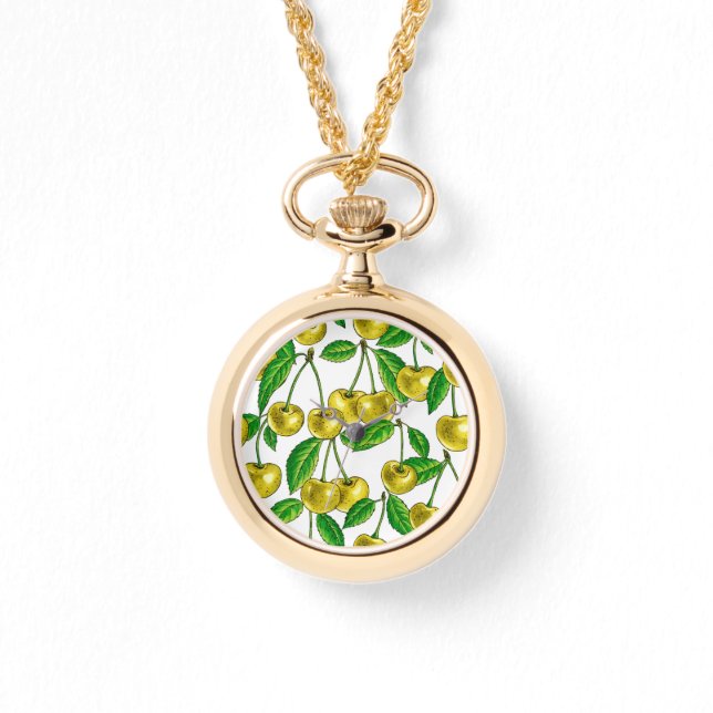 Yellow cherries on white watch (Front)