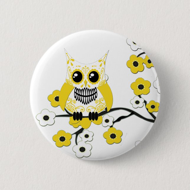 Yellow Cherry Blossoms Owl Button (Front)