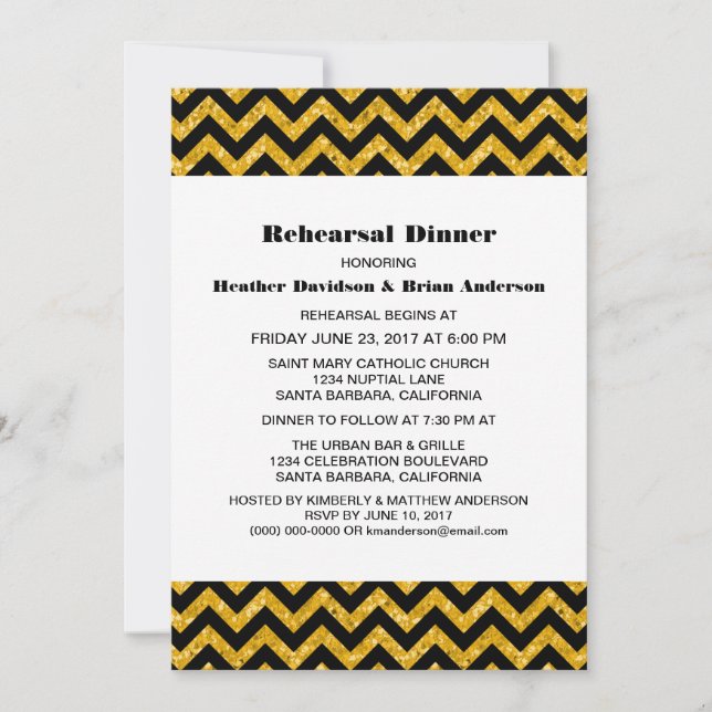 Yellow Chevron Glitter Rehearsal Dinner Invite (Front)