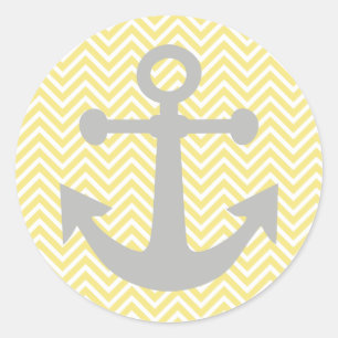 Yellow Chevron Grey Anchor Classic Round Sticker