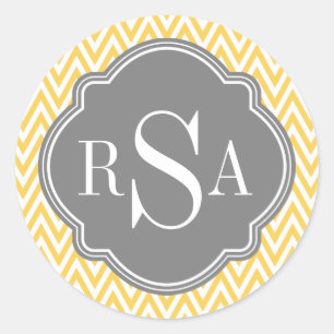 Yellow Chevron Grey Monogram Initial Letters Classic Round Sticker