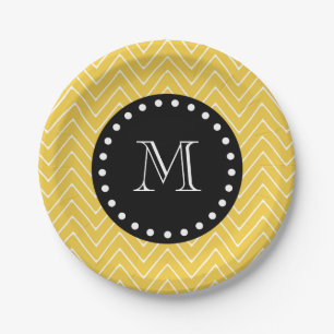 Yellow Chevron Pattern   Black Monogram Paper Plate