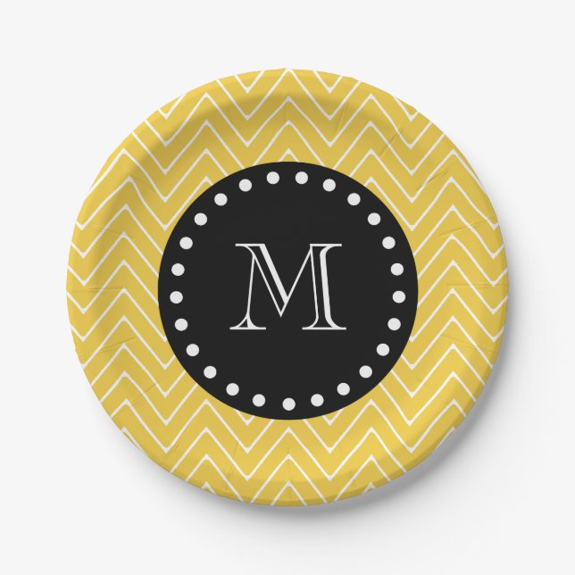 Yellow Chevron Pattern | Black Monogram Paper Plate (Front)