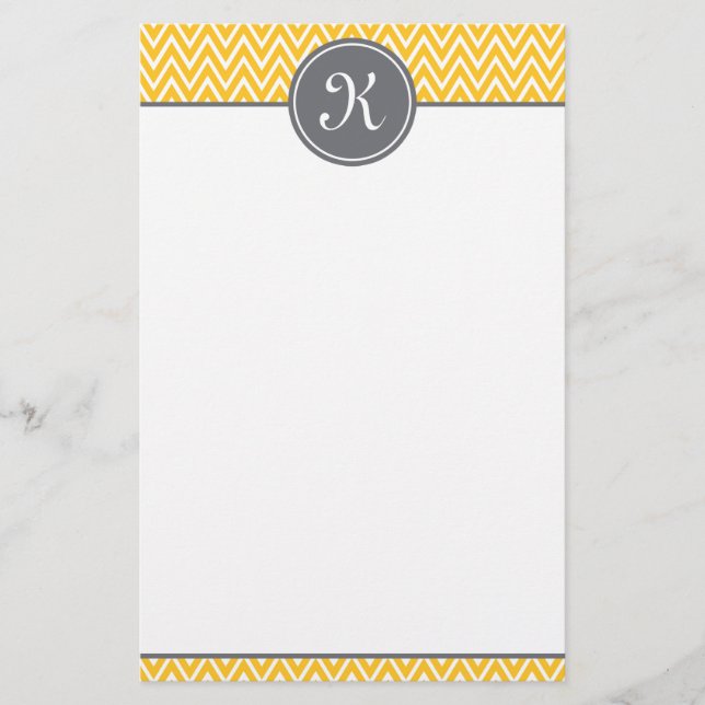Yellow Chevron Pattern Grey Monogram Stationery (Front)