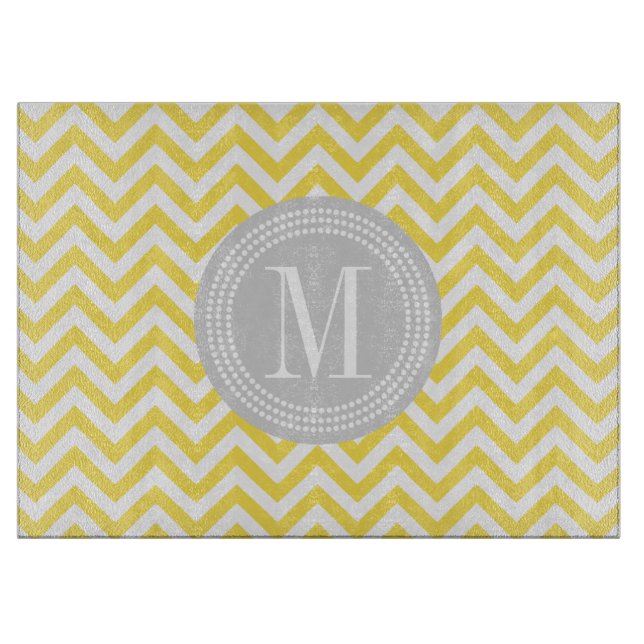 Yellow Chevron Zigzag Personalized Monogram Cutting Board (Front)