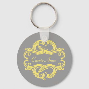 Yellow Chic Damask Keychain
