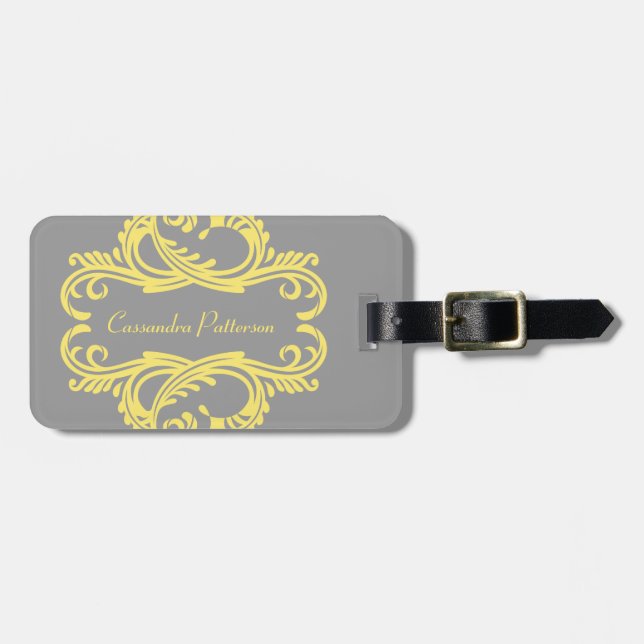 Yellow Chic Damask Luggage Tag (Front Horizontal)