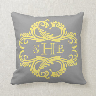 Yellow Chic Damask Monogram Pillow