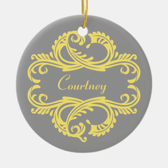 Yellow Chic Damask Ornament (Front)