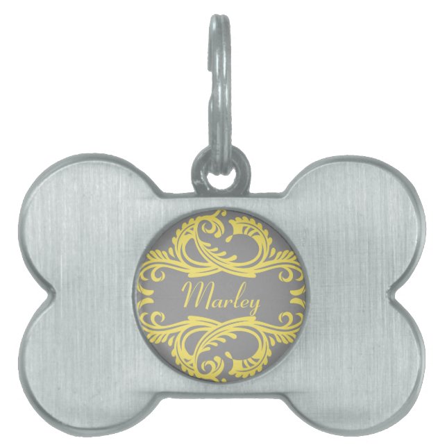 Yellow Chic Damask Pet Tag (Front)