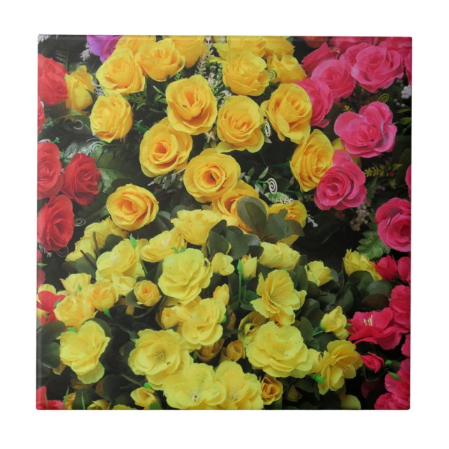 yellow,Chic, vintage, red, pink, roses, flowers, Tile (Front)