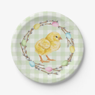Yellow Chick And Pastel Willow Wreath Easter Paper Plate