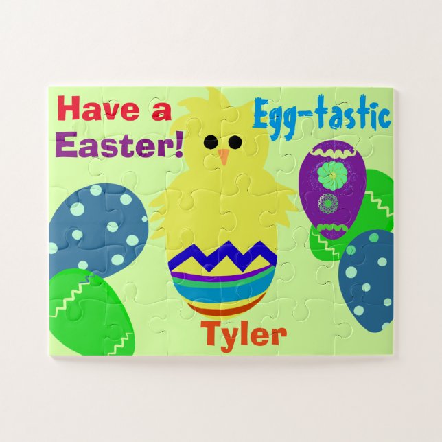 Yellow Chick Easter Eggs Personalized NAME Jigsaw Puzzle (Horizontal)