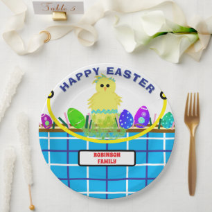 Yellow Chick Egg Blue White Easter Basket Paper Plate