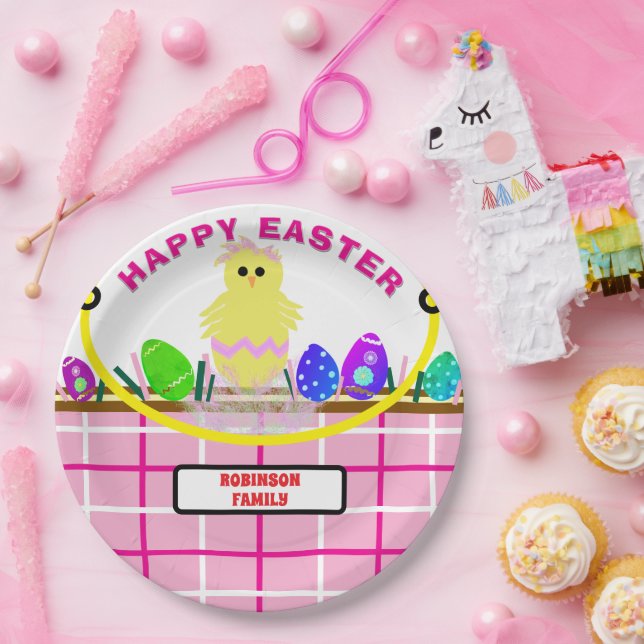 Yellow Chick Egg Pink White Easter Basket Paper Plate (Party)