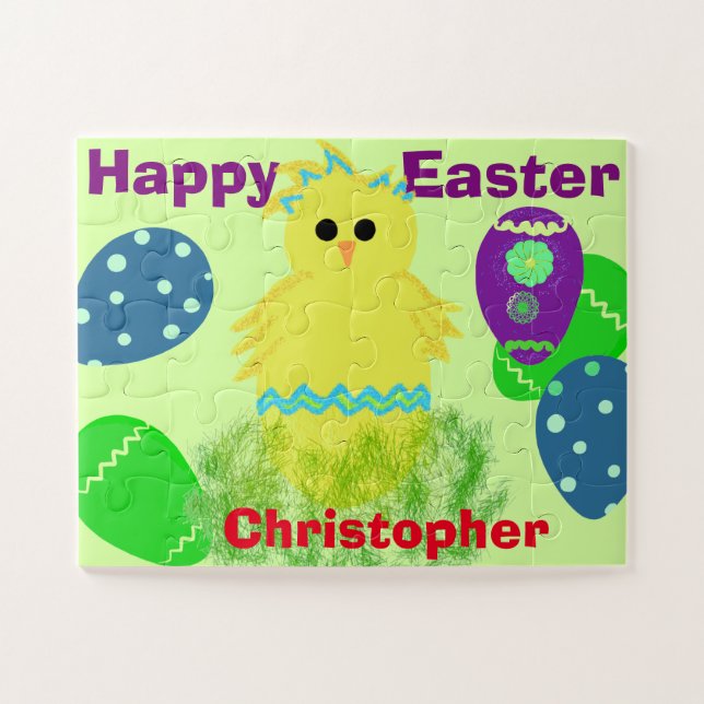 Yellow Chick Eggs Easter Personalized NAME Jigsaw Puzzle (Horizontal)