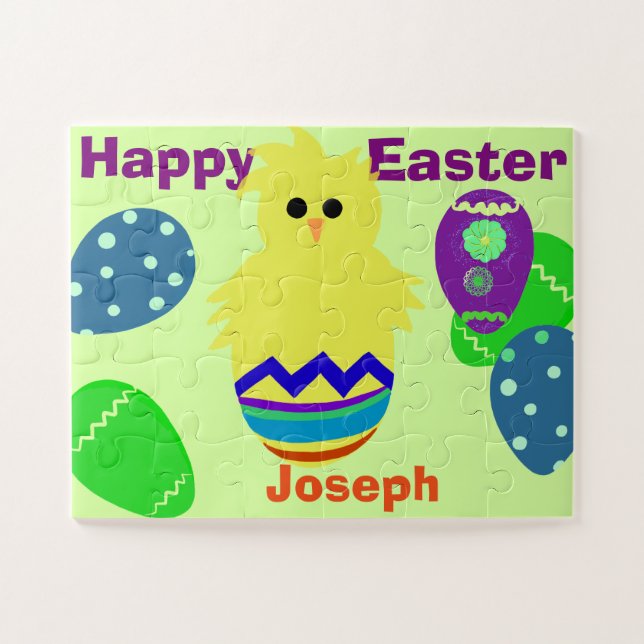Yellow Chick Eggs Easter Personalized NAME Jigsaw Puzzle (Horizontal)