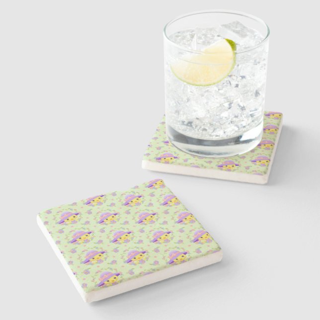 Yellow Chicken Floral Violet Spring Pattern Stone Coaster (Side)