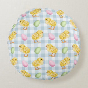 Yellow Chicks And Eggs On Blue Gingham Pattern Round Pillow